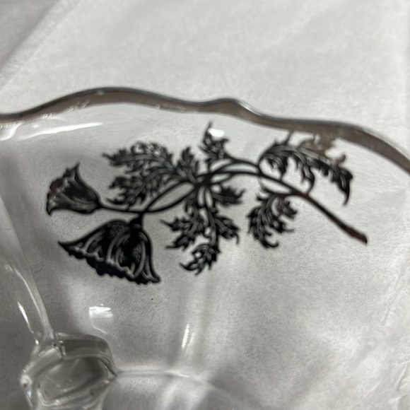 Glass painted candy dish with legs and silver around the rim. Approximately 6” - Picture 4 of 7